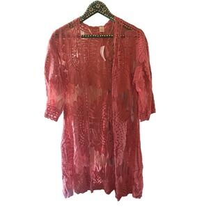 Pink Lace Sheer Kimono Cardigan Open Front Boho Cover Up NWT OS